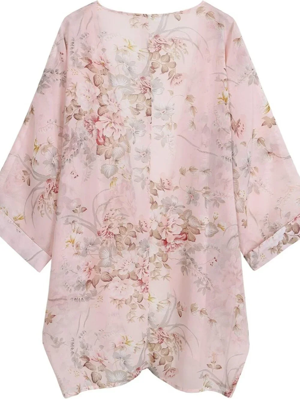 Women's Floral Print Sheer Chiffon 3/4 Bat Sleeve Casual Loose Kimono Cardigan C